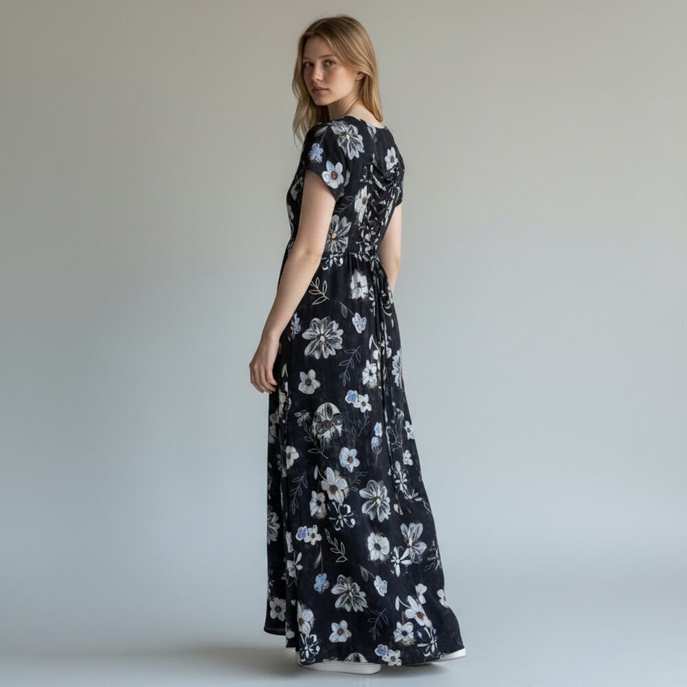 Hana Floral Blue Dress Short Sleeve Blue Botanical Corset Tie Back Maxi MED LG